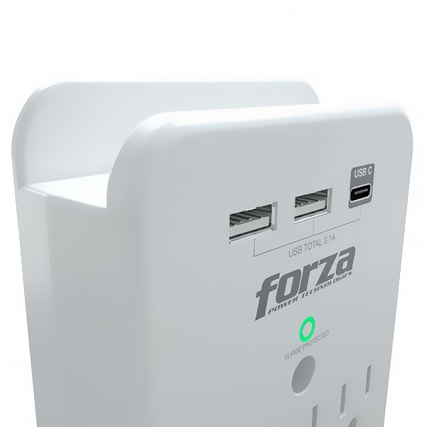 Protector de Voltaje Forza  1875W/490 Joules, 3 Tomas (2 USB-A + 1 USB Tipo C)FWT-331USBC
