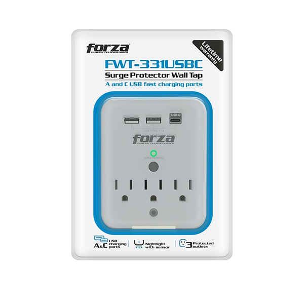 Protector de Voltaje Forza  1875W/490 Joules, 3 Tomas (2 USB-A + 1 USB Tipo C)FWT-331USBC