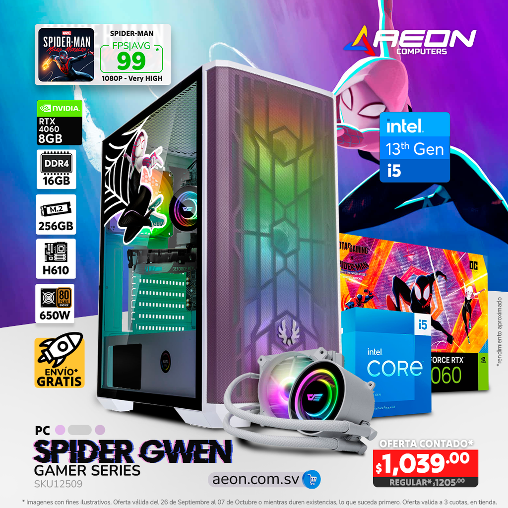 PC SPIDER GWEN i5-13400, RTX 4060 8GB, 16GB DDR4, M.2 256GB.