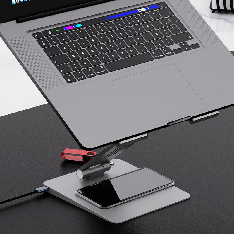 Base para Laptop con Puertos 9 en 1, x3 USB-A 3.0, x1 HDMI 4K, x1 USB-C 100w PD, x1 Ranuras para TF, x1 SD, x1 Plataforma de carga inalambrica hasta 15w, KDA-500