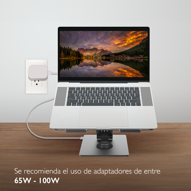 Base para Laptop con Puertos 9 en 1, x3 USB-A 3.0, x1 HDMI 4K, x1 USB-C 100w PD, x1 Ranuras para TF, x1 SD, x1 Plataforma de carga inalambrica hasta 15w, KDA-500