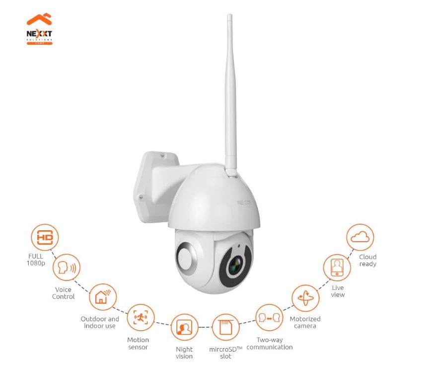 Camara de seguridad PTZ, NEXXT 2K para interperie con Wi-Fi, 355° grados de covertura, Deteccion y Tracking, Audio, Vision Nocturna, + Focos Smart 3pack Gratis