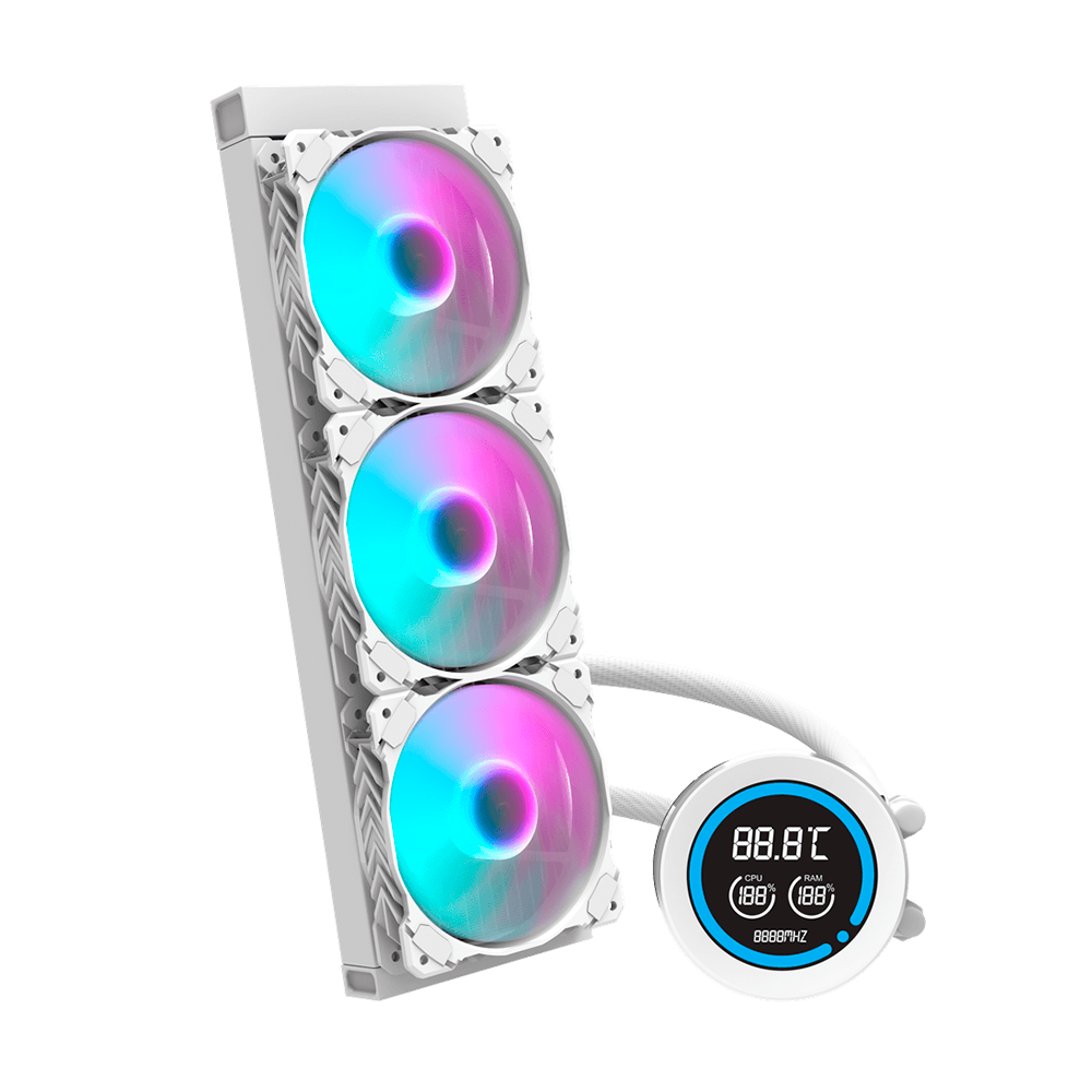 Enfriamiento Liquido Darkflash Nebula DN360D RGB BLANCO -  360mm, 1 inch LCD Digital display screen  Control via Software, 3-stage bomba de agua, Intel, AMD, compatible con: Aura, Mystic, Fusion, Polychrome