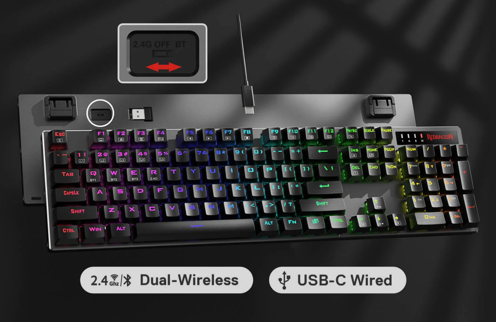 Teclado Redragon Dharma Pro - Chroma RGB Dust Proof Switch Red, 4 Conexiones (Dual Wireless/ Cable USB Tipo C/ Adaptador Combertidor USB Tipo A/Bluetooth) K556RGB-PRO