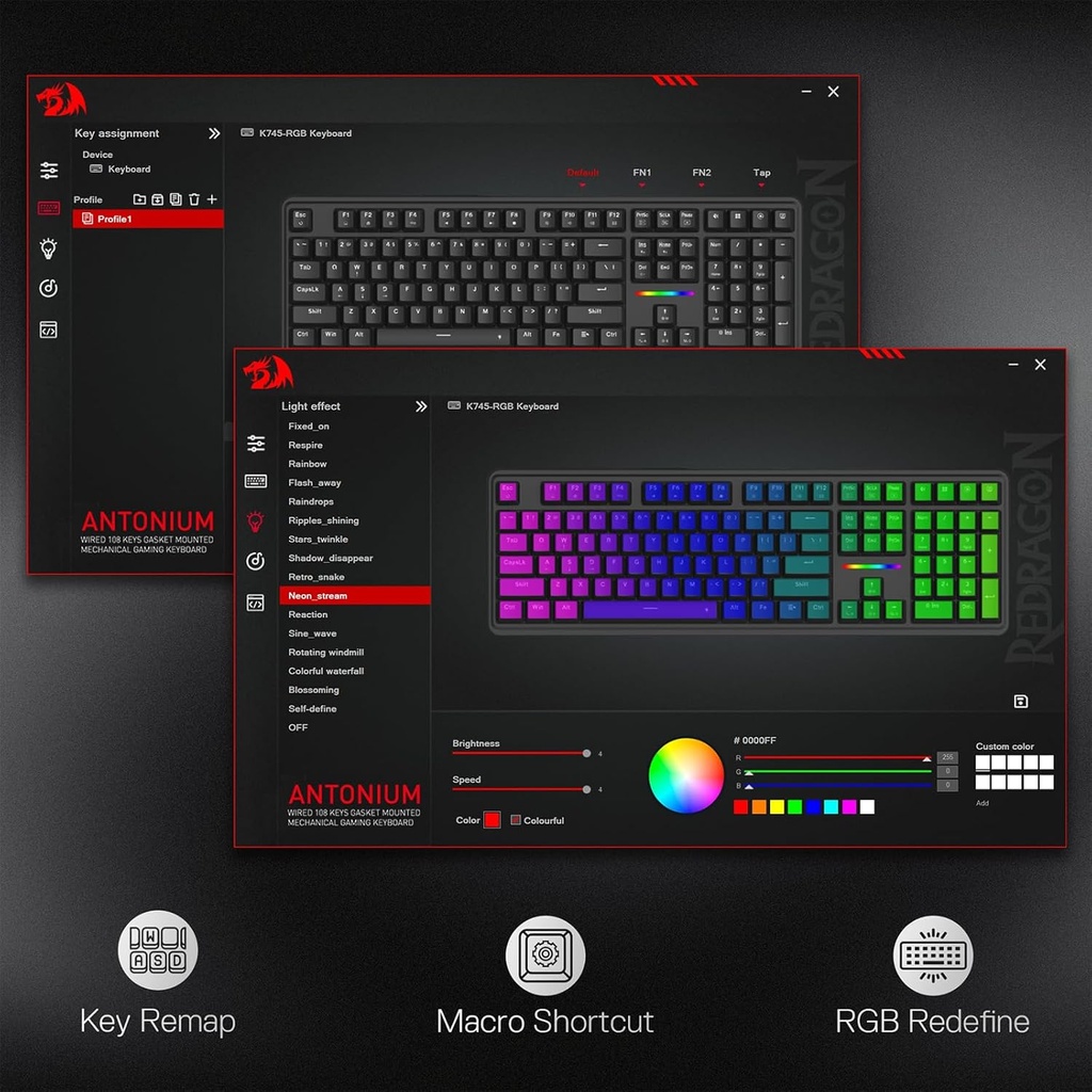 Teclado Mecanico Redragon Antonium 108 - Negro - K745-RGB, 4 teclas de acceso rápido, amortiguación de ruido de 5