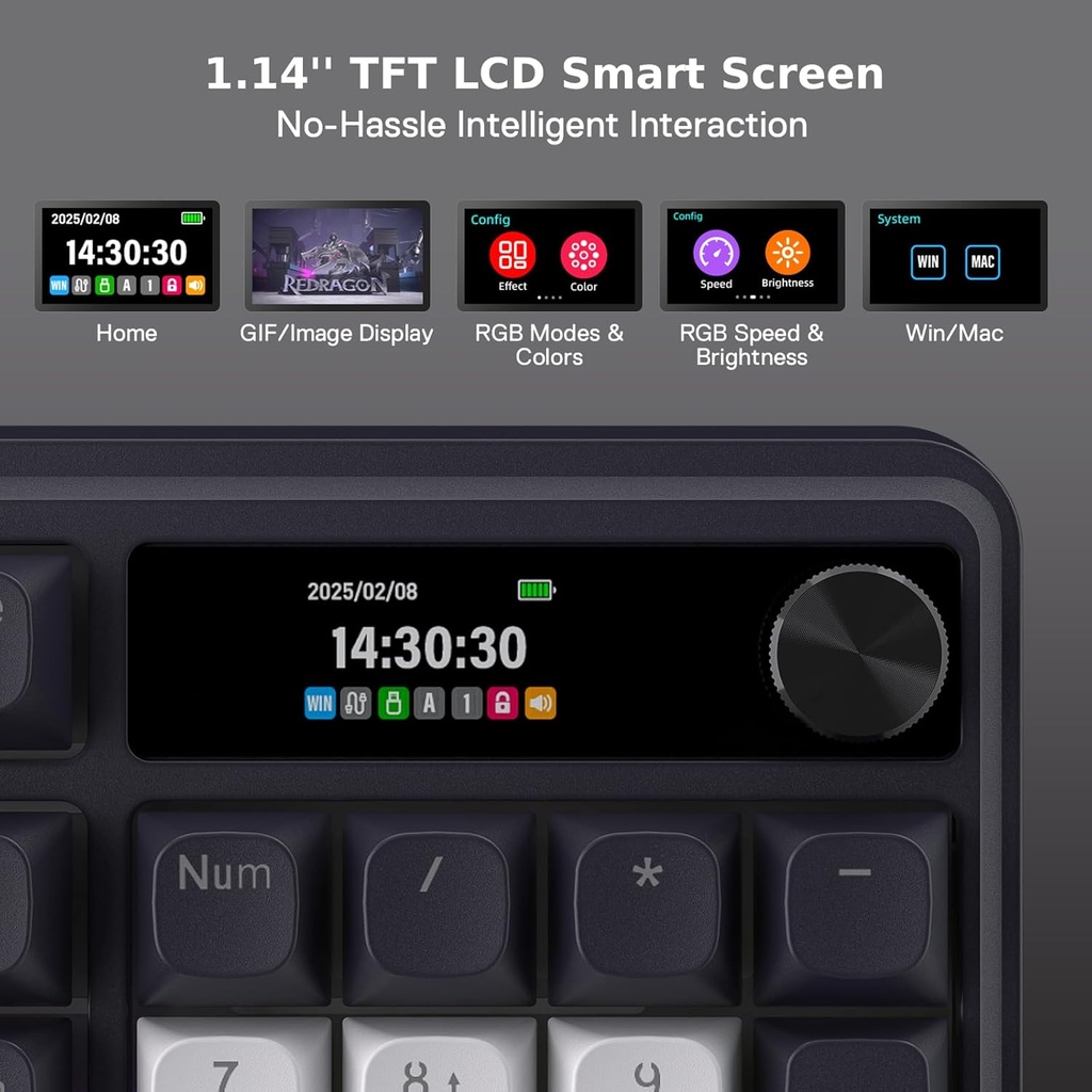 Teclado Inalambrico Redragon TerraFlare Pro - Negro - K762RGB-PRO, Pantalla LCD y perilla Teclas redondas de PBT Brillo RGB,  3 modos de conexion
