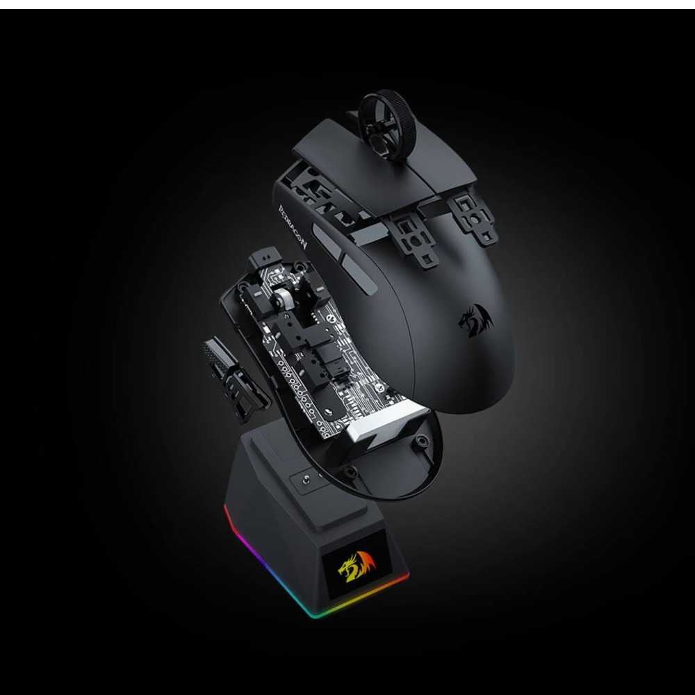 [20190] Mouse Gaming Inalámbrico Redragon K1NG Ultra M999 – 45,000 DPI, Tri-Mode 2.4 GHz, BT 5.1, USB-C, 55g, 400mAh, Base de Carga RGB