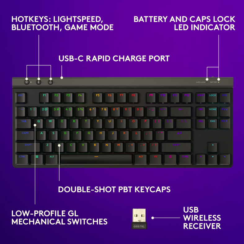 Teclado Logitech G515 TKL Black, LIGHTSPEED Wireless Bluetooth 5.1 USB-C para carga y uso cableado, RGB