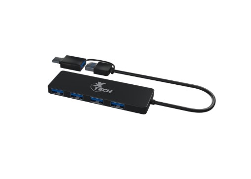 HUB ADAPTADOR USB XTECH, 4 PUERTOS 5GBPS TIPO A 3.0 HEMBRA Y USB TIPO A CON ADAPTADOR TIPO C, XTC-390