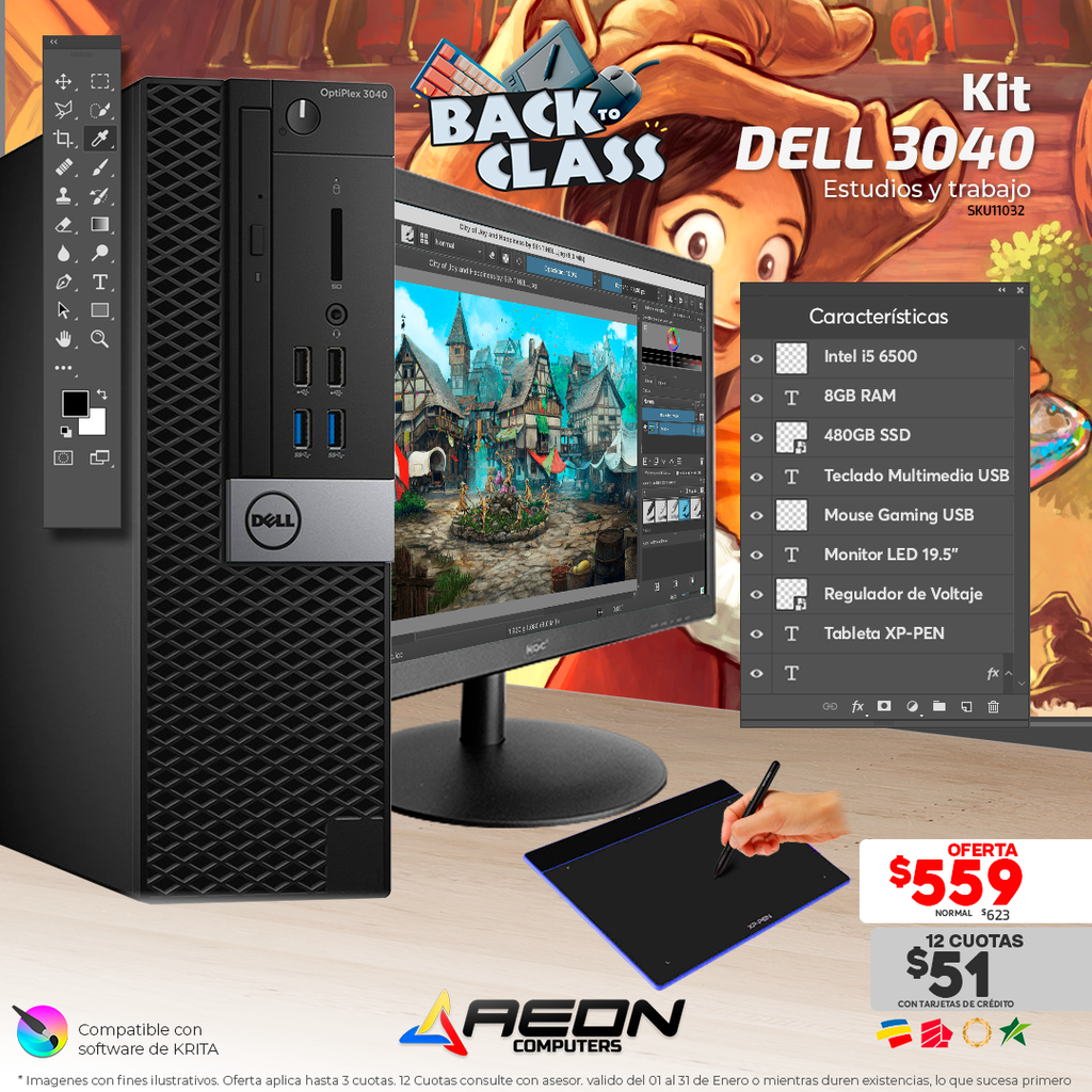 Kit Dell 3040 SFF, i5-6500, 8GB RAM, 480GB SSD, Monitor de 19.5", Teclado y Mouse.