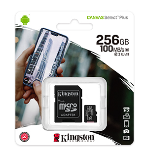 Memoria Micro SD Kingston 256GB Canvas Select Plus 100R A1 C10 Card, SDCS2 256GB