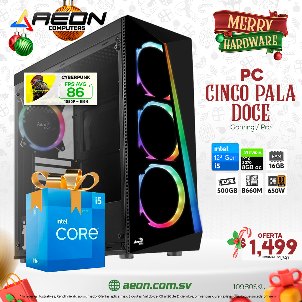 PC CINCO PALA DOCE i5-12400, RTX 3070 8GB OC, 16GB RAM, 500GB M.2.