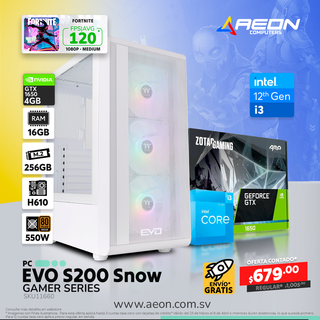PC EVO GS - S200 SNOW, I3 12100, 16GB DDR4, M.2 256GB, GTX 1650 AMP 4GB 550W 80+