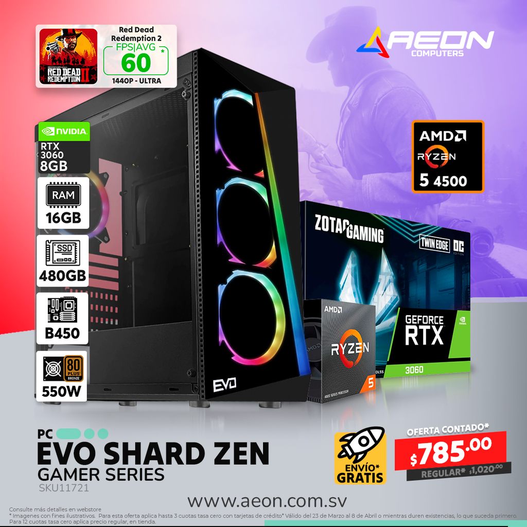 PC EVO GS - SHARD Ryzen 5 4500, RTX 3060 8GB, 16GB DDR4, SSD 480GB.