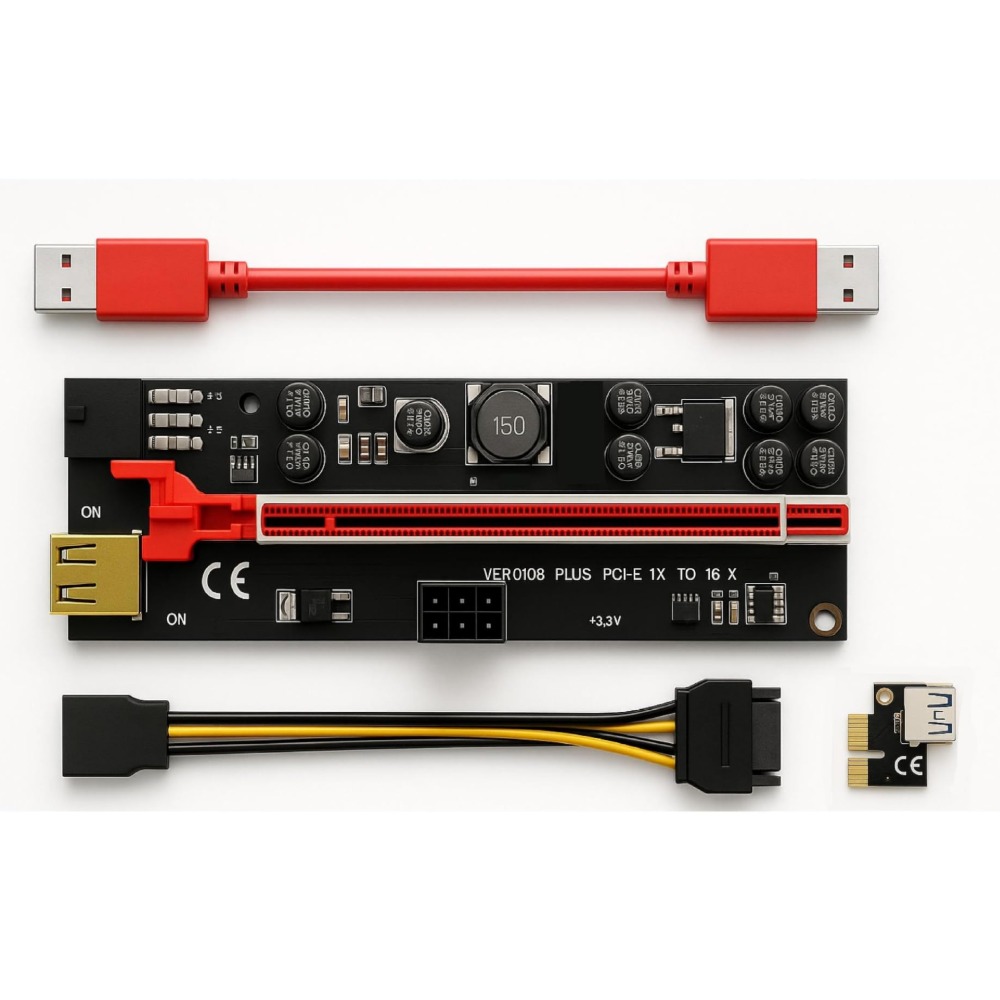 PCIe Riser Cable 1X to 16X Graphics Extension for GPU Mining Powered Riser Adapter Card, 60cm USB 3.0 Cable,PCI Express X1 to X16 GPU Mining Card, SATA,6Pin and Molex 3