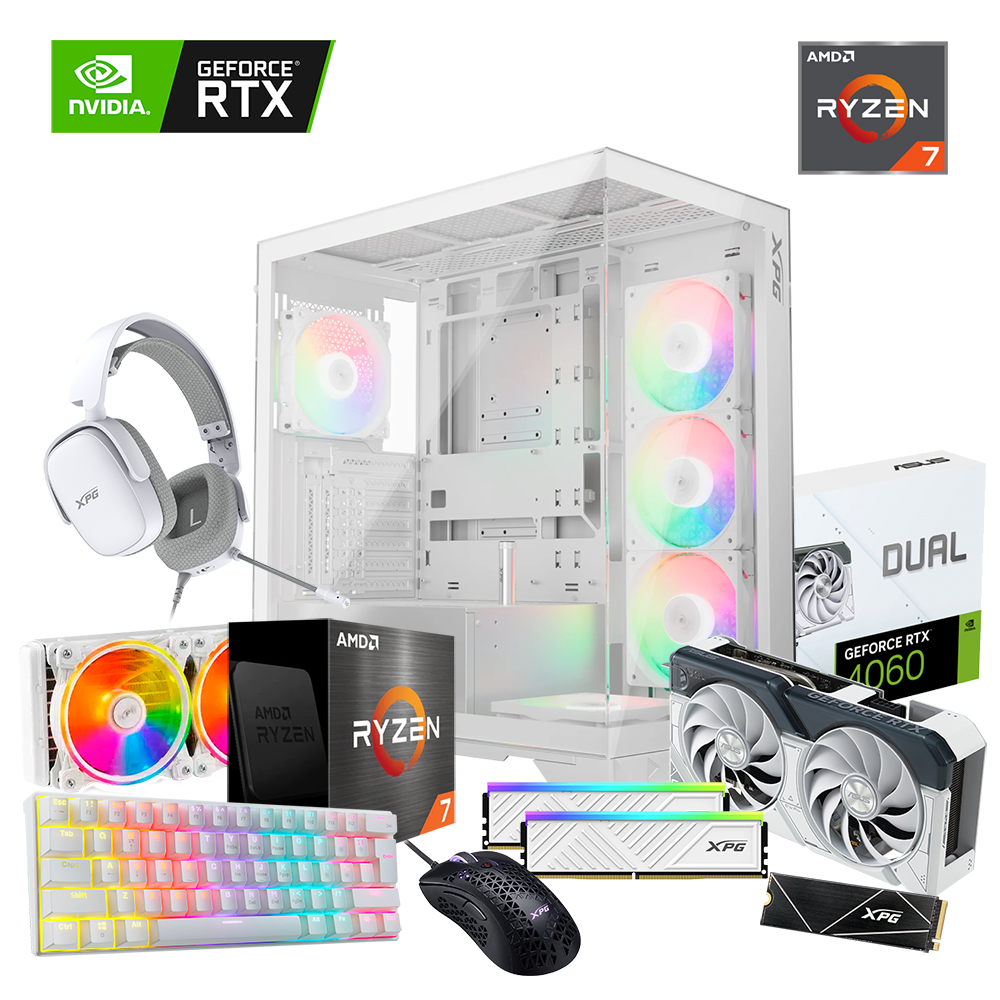 PC Invation XPG, Ryzen 7 5700 8 Cores, 32GB DDR4 3200Mhz, 512GB M.2 S70 Blade, RTX 4060 8GB Asus, 240mm Liquid Cooling, 650w 80+ Gold, Teclado, Mouse y Headset.