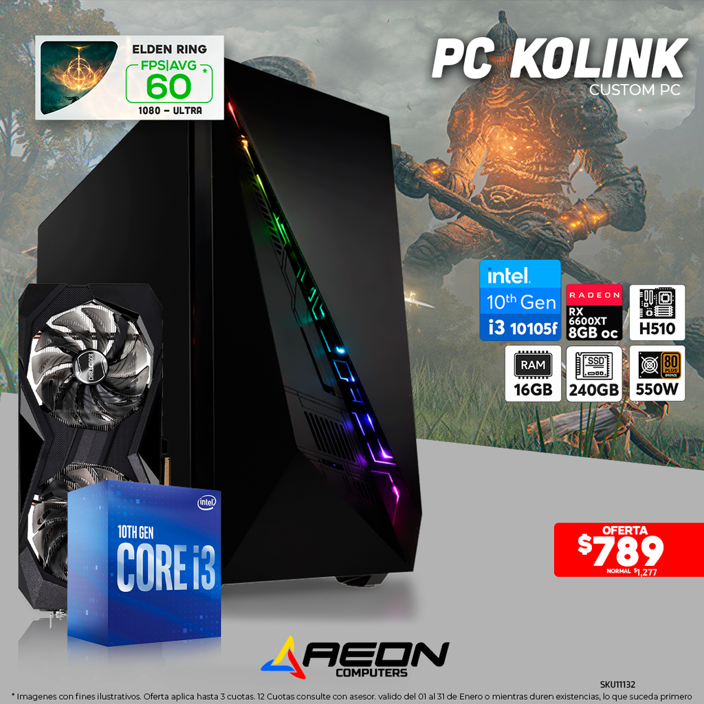 PC Kolink i3 10105F, RX6600 XT 8GB OC, SSD 240GB, 16GB DDR4.