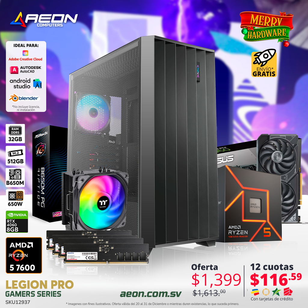 PC LEGION PRO, Ryzen 5 7600, 32GB DDR5, M.2 512GB, RTX 4060 8GB, B650M - 650W 80+