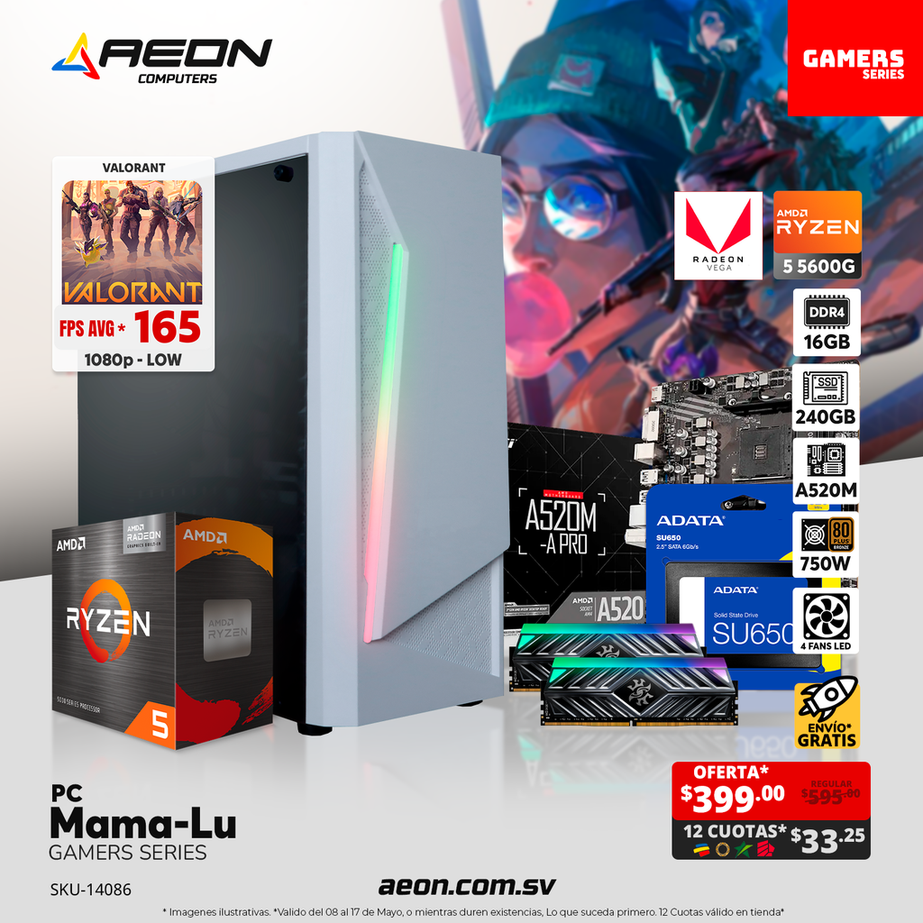 PC Mama-Lu, Ryzen 5 5600G, Vega 7, DDR4 16GB, SSD 240GB, 750W 80+ Bronce
