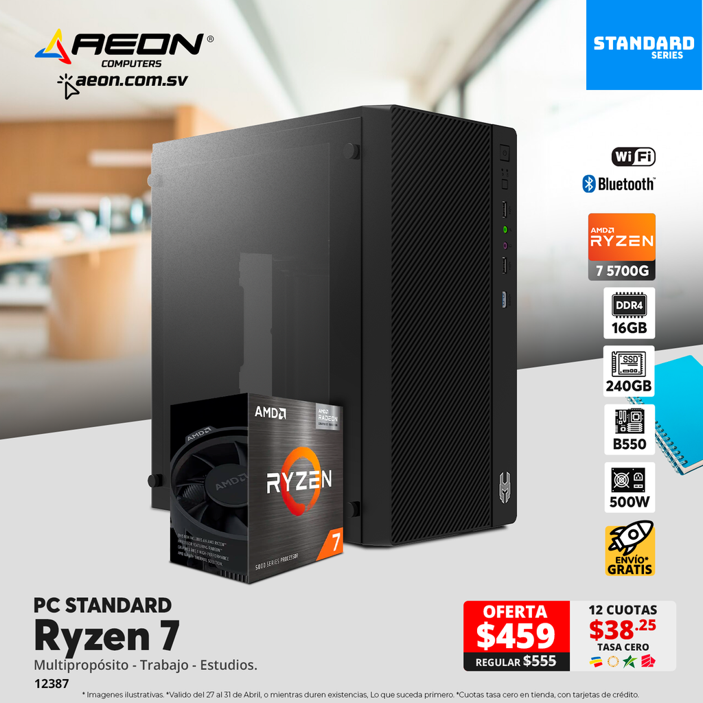 Pc Standard Ryzen 7 5700G, RAM 16GB, SSD 240GB, 500W, Wifi y Bluetooth