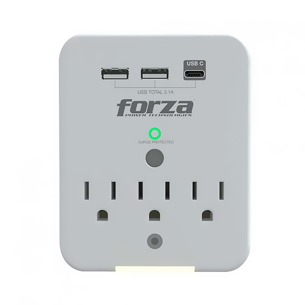 Protector de Voltaje Forza  1875W/490 Joules, 3 Tomas (2 USB-A + 1 USB Tipo C)FWT-331USBC