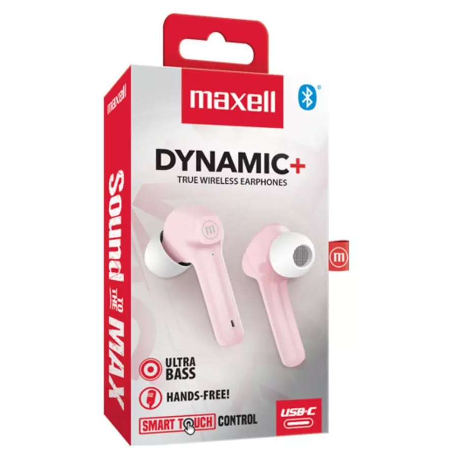 Audifonos Bluetooth Maxell,  DYNAMIC + . EB-BTDY+ BT +True Wireles Stereo Earbuds ULTRABASS, ROSADO