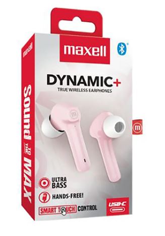 Audifonos Bluetooth Maxell,  DYNAMIC + . EB-BTDY+ BT +True Wireles Stereo Earbuds ULTRABASS, ROSADO