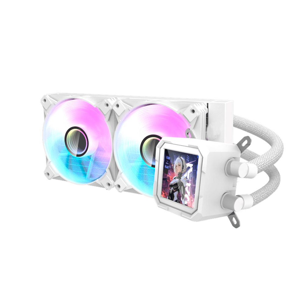 Enfriamiento Liquido Darkflash DV240S RGB BLANCO TDP 200-  240mm,  320*320 resolution IPS LCD, Control via Software, 3-stage bomba de agua, Intel, AMD, compatible con: Aura, Mystic, Fusion, Polychrome 