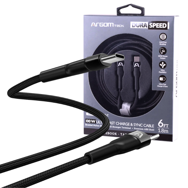Cable Argom Black Type-C, 100W, 5A 6FT, 1.8M, Carga Rapida, ARG-CB-0049BK