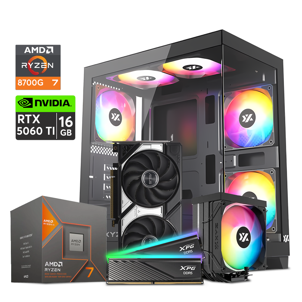 Computadora Gaming Mini FishBowl Rush | Ryzen 7 8700G / Thermax 6 Pulsar / B650M / RTX 5060 TI 16GB / 32GB DDR5 / 1TB M.2 / 650W 80+  | GRATIS Mouse