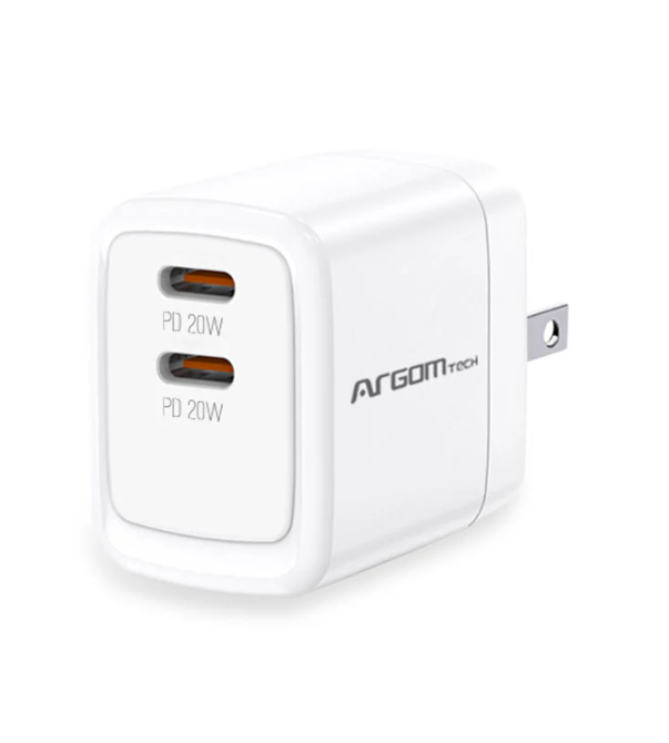 CARGADOR USB DE PARED ARGOM DUAL, 40W, CARGA RAPIDA, TECNOLOGIA PD PUERTO TIPO-C Y USB P/CELULARES,TABLETS MP3 , CAMARAS Y IPAD. ARG-AC- 0132WT
