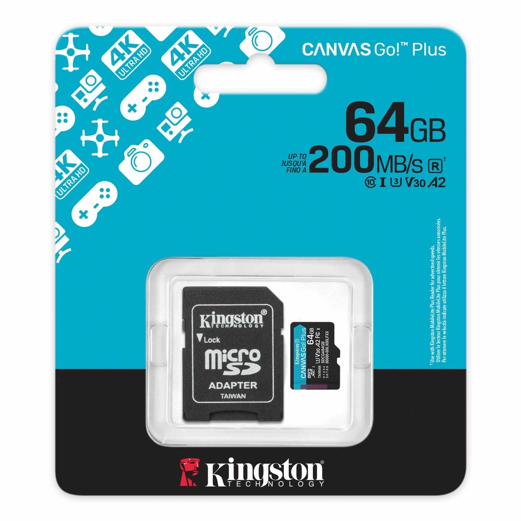 MicroSD Kingston 64GB microSDXC Canvas Go Plus Gen4 200MB/s A2 U3 V3, SDCG4/64GB