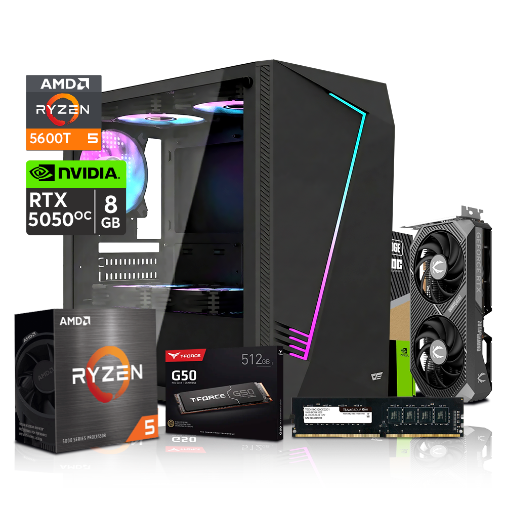 PC Gaming 390DF, Ryzen 5 5600T, 16GB DDR4, RTX 5050 8GB Zotac Twin, SSD M.2 500GB TeamGroup, AM5 A520 BOETEC, PSU 800W