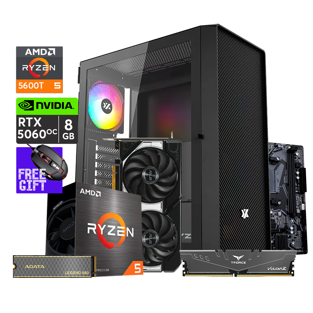 PC Gaming Fun Machine, Ryzen 5 5600T, B550M-K, 16GB DDR4 Vulcan, Asus RTX 5060 8GB OC, M.2 860 500GB, PSU DF 650W 80+ Bronce, XYZ Airone