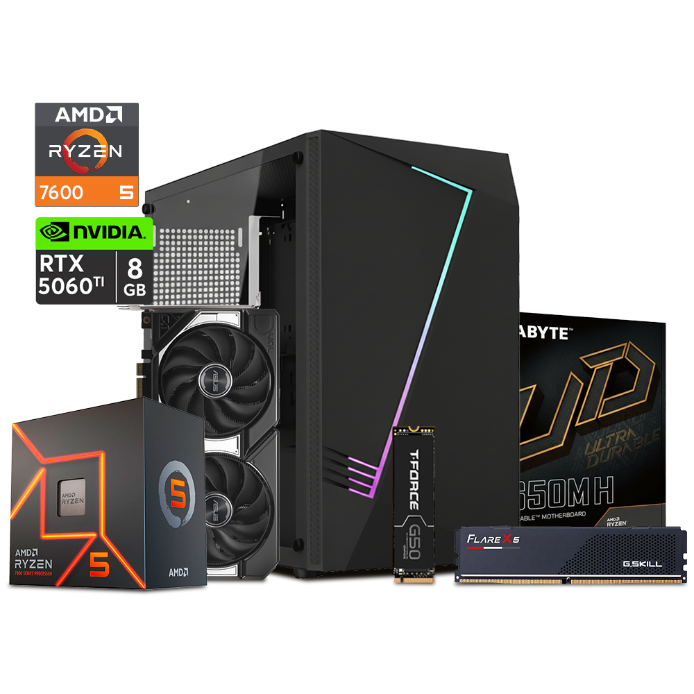 PC Gaming REDFlash - AMD Ryzen 5 7600/ B650M-H/ Asus RTX 5060 TI OC 8GB /  RAM 16GB DDR5 Flare X5 / SSD M.2 512GB T-Force / 650W 80+ Bronce - Mouse Gratis*