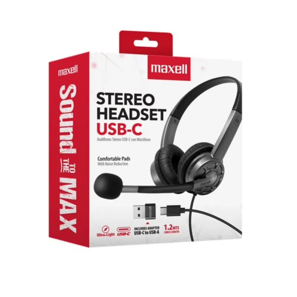 Headset Maxell HS-HMIC MIDSIZE USB HEADSET + adaptador USB C, cableado 