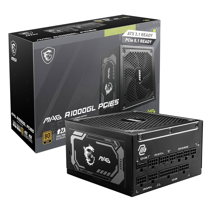 Fuente de poder MSI MAG A 1000W GLS PCIE5.0 Plus Gold, full modular 