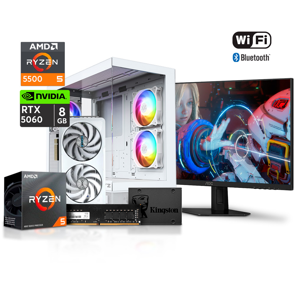 PC Gaming Aurora X PLUS- Ryzen 5 5500 / B550M DS3H AC  / SSD 960GB A400 / 16GB DDR4 / RTX 5060 8GB /  Case XYZ Aurorax 50 / WiFi Bluetooth /  XYZ Volt One - 650W - 80 Plus Bronce  | + Monitor AOC 24" 24G4E  FHD 180Hz 0.5msG-Sync, HDR10