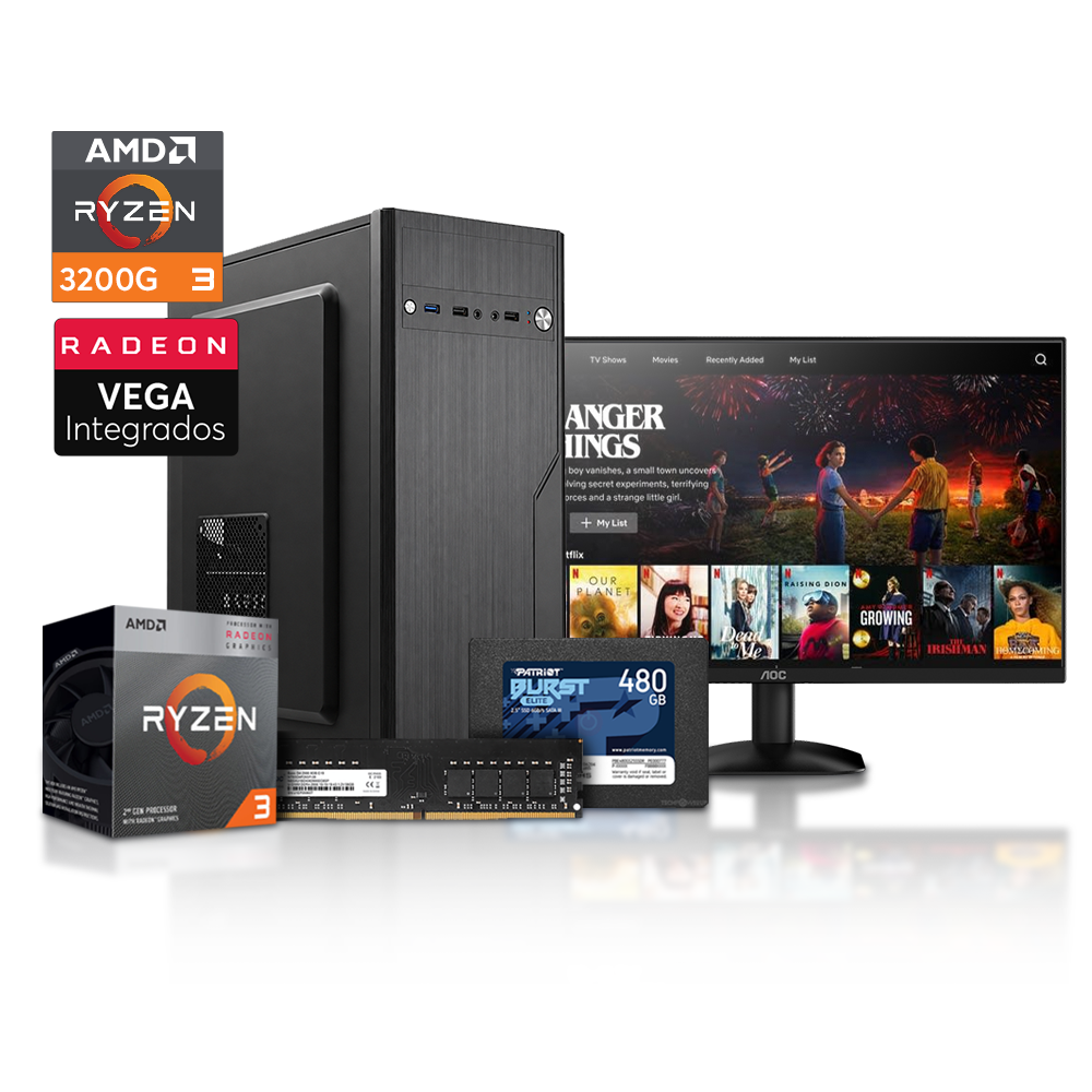 PC Standard Core PLUS - Ryzen 3 3200G / A520MK / SSD 480GB / 8GB DDR4/  Case + Fuente Basic Aigo + Monitor AOC 22B35HM 22" Full HD