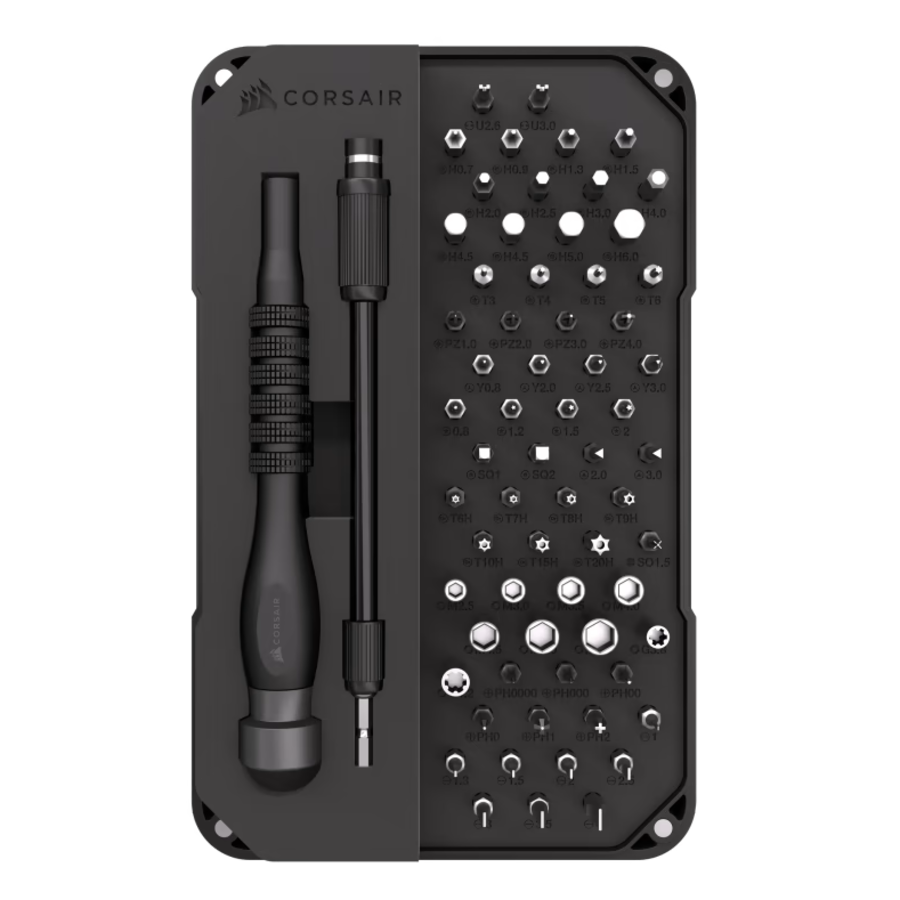  Kit de Herramientas Corsair - PC DIY Precision Toolkit - CC-9310003-WW, 65 puntas de destornillador, Varilla de extensión flexible Bandeja y destornillador imantados Tapa del destornillador de alta calidad y giro suave
