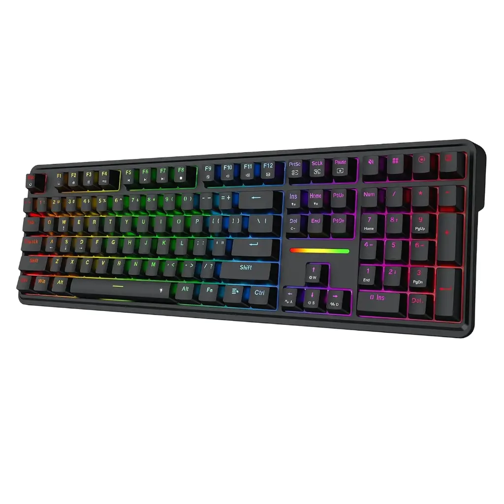 Teclado Mecanico Redragon Antonium 108 - Negro - K745-RGB, 4 teclas de acceso rápido, amortiguación de ruido de 5 SWITCH GRIS