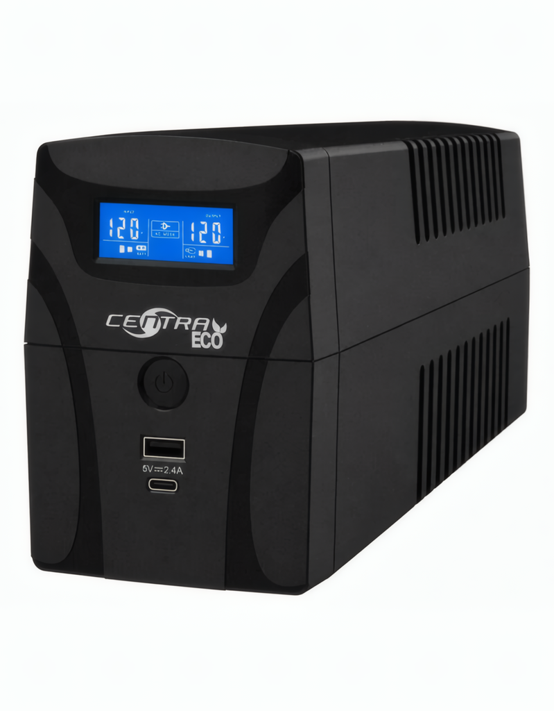 UPS centra ECO1200LCD, 1200VA/600W, con cargador frontal USb tipo A y Tipo C.  8 Salidas 4 Respaldo, 4 con regulacion de picos. LCD con indicadores 
