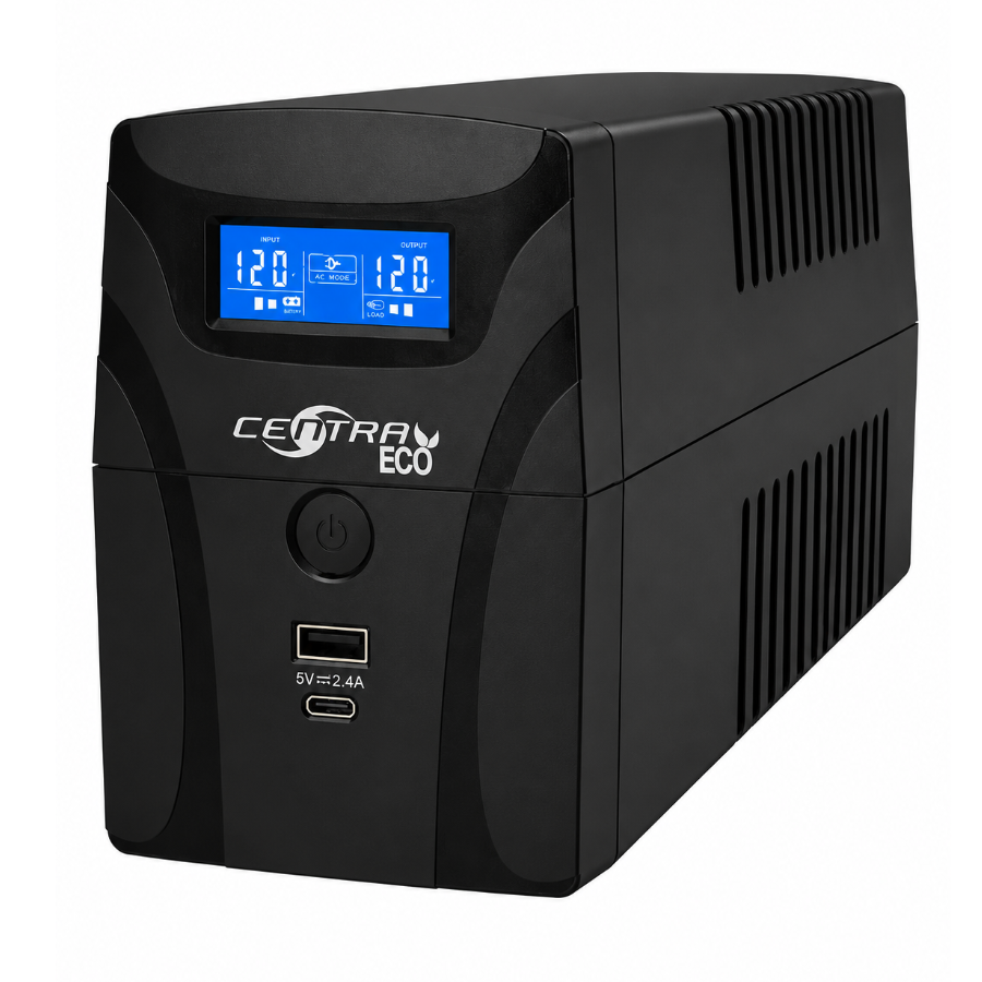 UPS centra ECO1200LCD, 1200VA/600W, con cargador frontal USb tipo A y Tipo C.  8 Salidas 4 Respaldo, 4 con regulacion de picos. LCD con indicadores 
