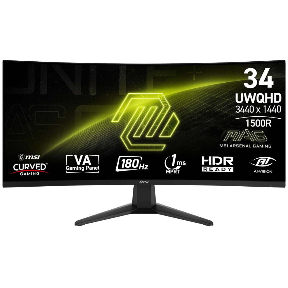 Monitor gaming MSI  MAG 346CQ, 34", 3440 x 1440 (UWQHD), 2k, 180Hz, Adaptive-Sync, HDMI, DisplayPort, montaje VESA, inclinación, altura ajustable, 1ms