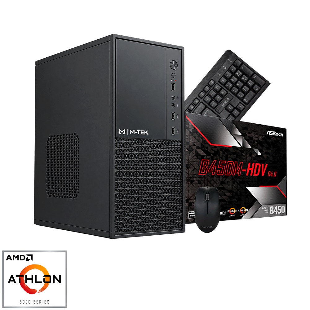 PC ATHLON Mini – Athlon 3000G, 8GB Ram, M.2 256GB, B450M-HDV, Teclado y Mouse Case + Fuente